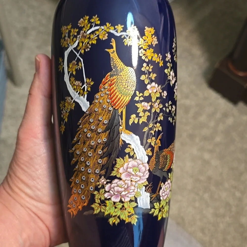 Elegant Cobalt Blue Japanese Oriental Peacock Vase with Floral Design 8.75